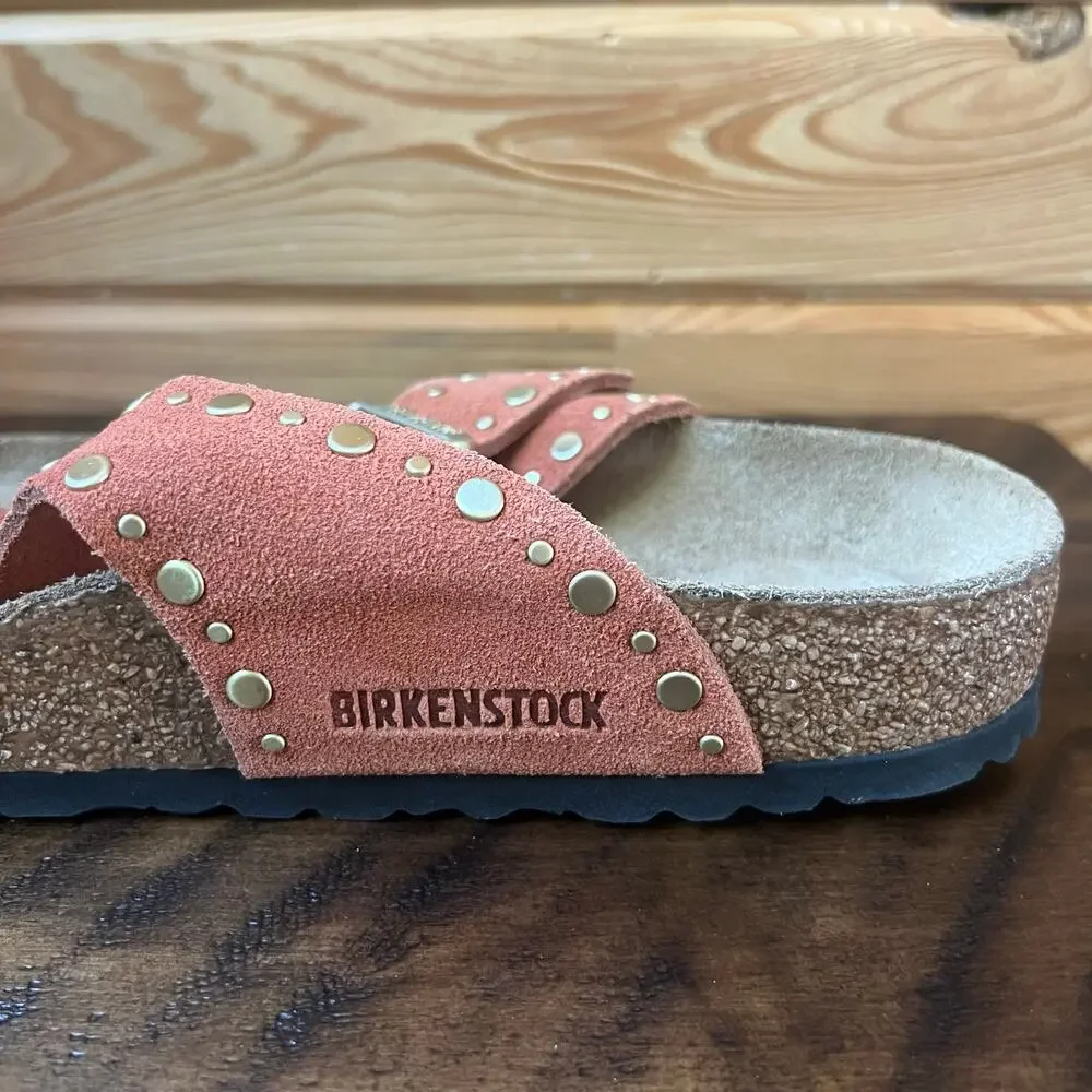 Birkenstock Gizeh Rivet Border Sandals 41 Dark Rust Terracotta Suede Thong Stud - Picture 7 of 16